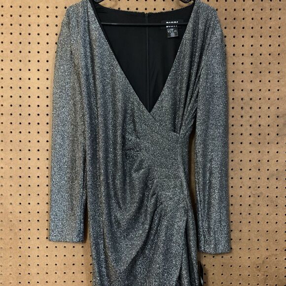 DKNY Wrap Dress Silver Metallic Long Sleeve Deep V-Neck Sz 8 Holiday New Years - Picture 1 of 8